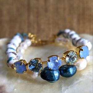 Victorian Darling Light Blue Swarovski Crystals Porcelain Beads Layered Bracelet